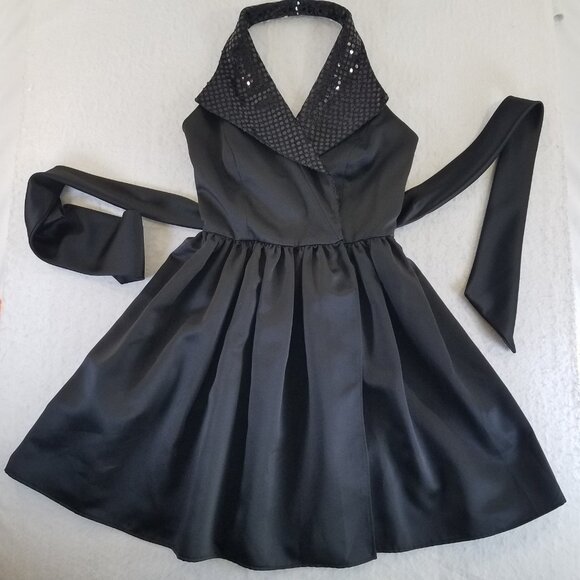 Nouveau Black Satin Halter Cocktail Wrap Dress Sequins SIZE 4 Evening Collection - Picture 3 of 16